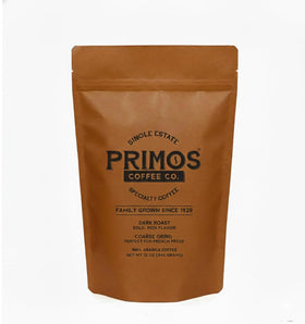 Primos Coffee Co. French press aroma highlights bold, inviting notes.