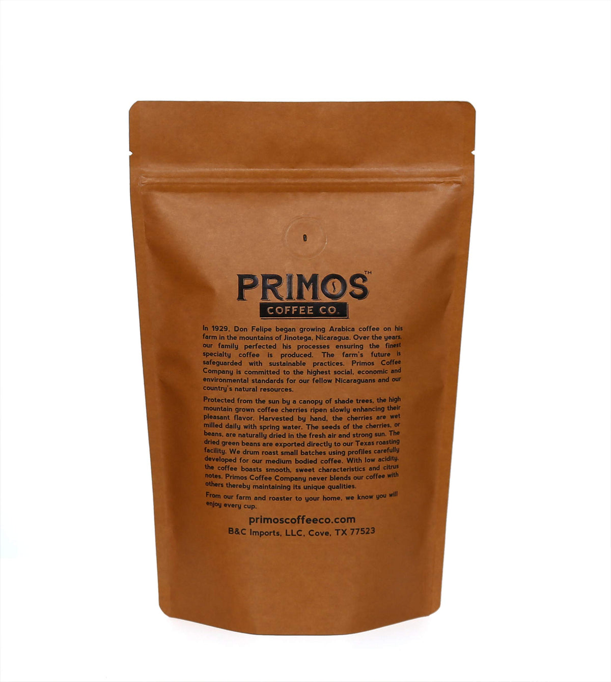 Primos Coffee Co. steaming cup of medium roast showing balanced flavor.