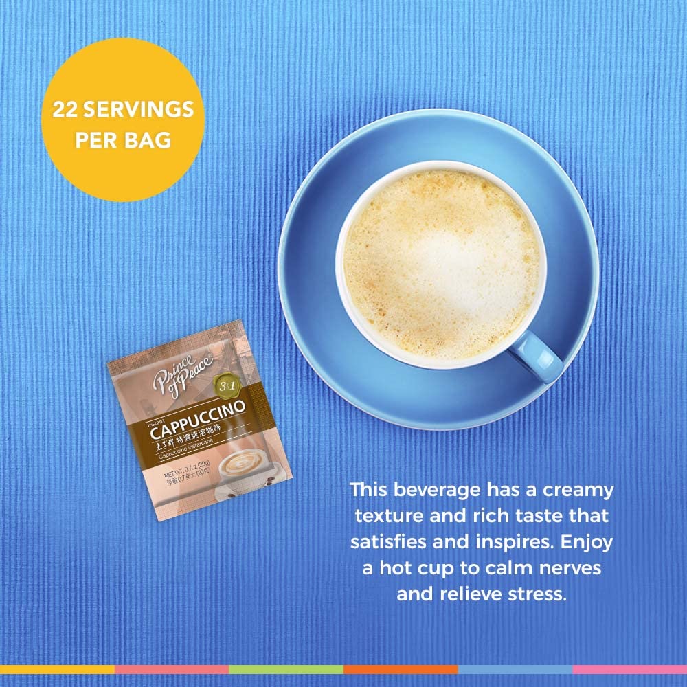 Prince Of Peace 3 in 1 Instant Cappuccino cup with steaming milk indicates ready-to-serve comfort