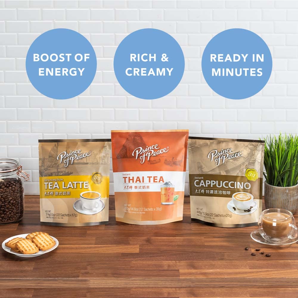 Prince Of Peace 3 in 1 Instant Cappuccino individual sachets offer quick, satisfying breaks