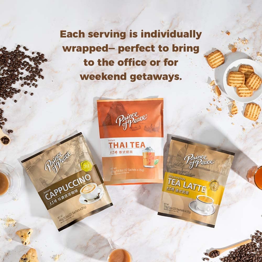 Prince Of Peace 3 in 1 Instant Cappuccino kitchen setup highlights neat, ready-to-mix packets