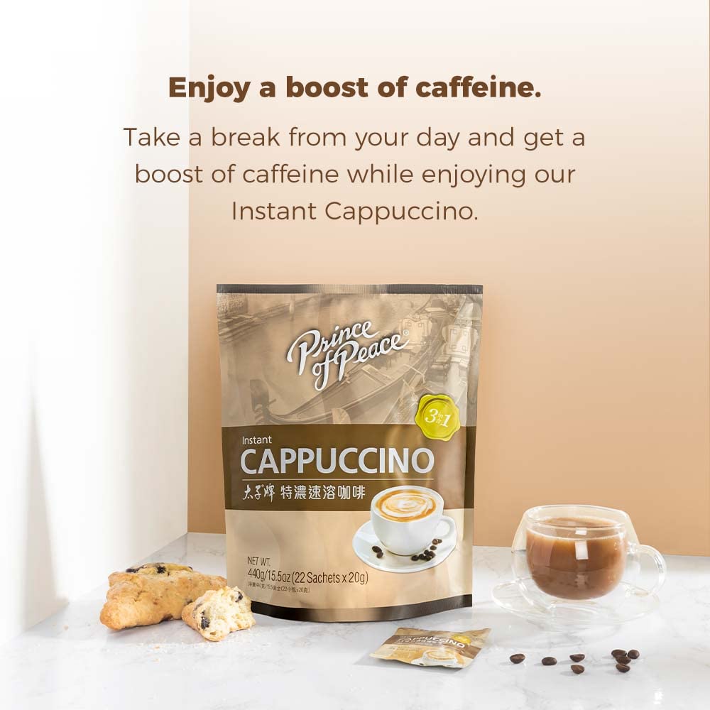 Prince Of Peace 3 in 1 Instant Cappuccino travel mug shows convenient flavor on the road