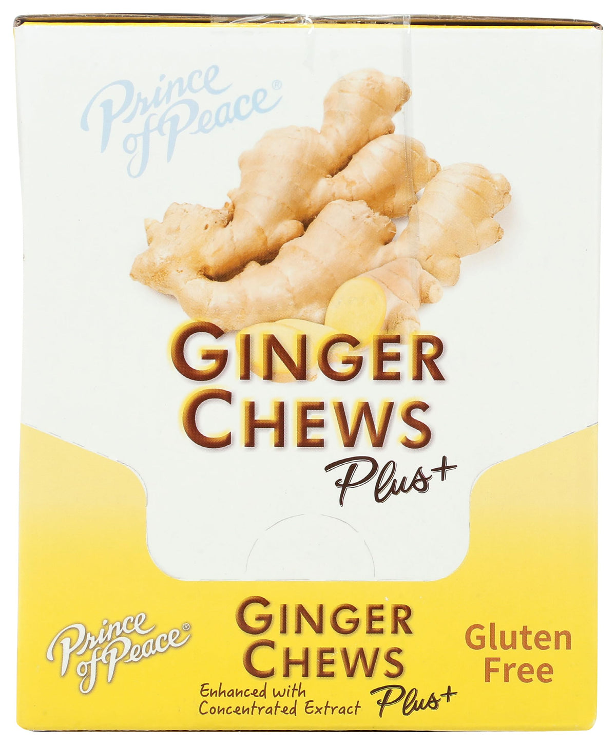 Prince Of Peace Ginger Chew Plus closeup of the glossy packaging for a convenient gluten-free snack.