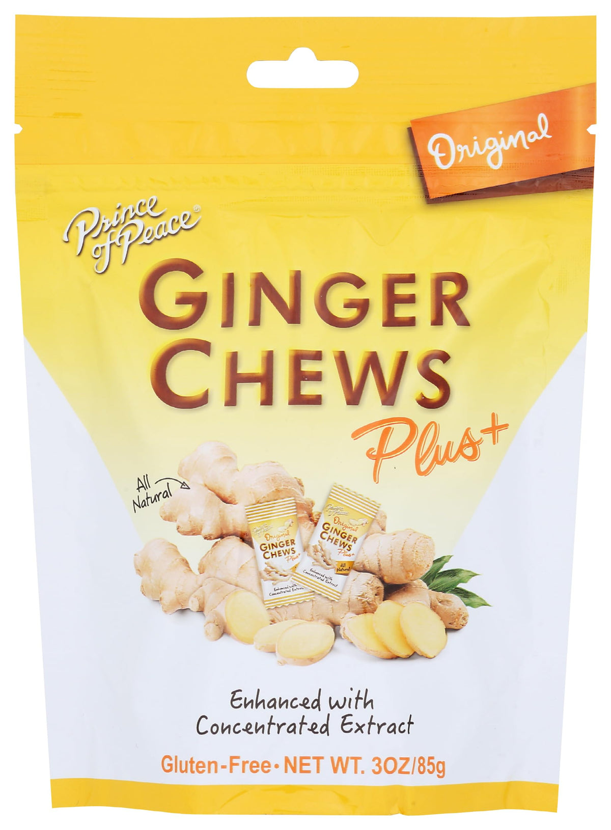Prince Of Peace Ginger Chew Plus packaging showing six gluten-free packs for on-the-go snacking.