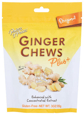 Prince Of Peace Ginger Chew Plus packaging showing six gluten-free packs for on-the-go snacking.