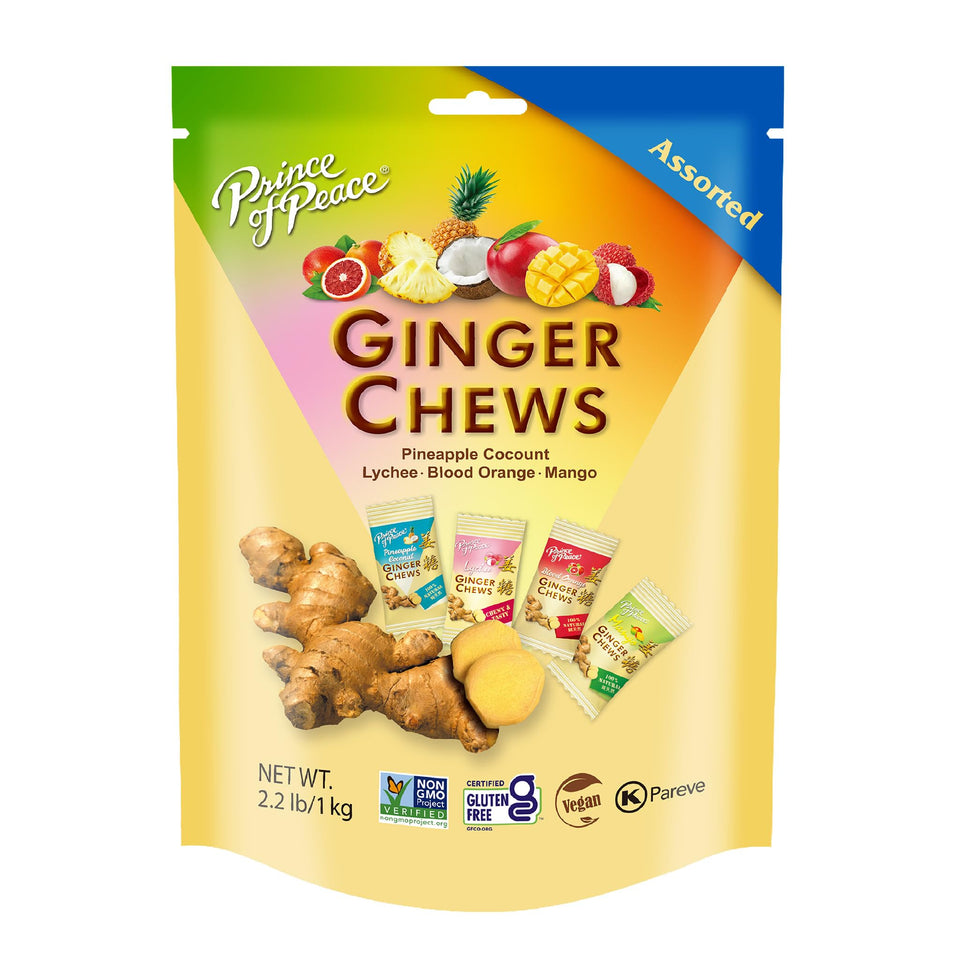 Prince Of Peace Ginger Chews assorted bag for on-the-go snacking with tropical flavors