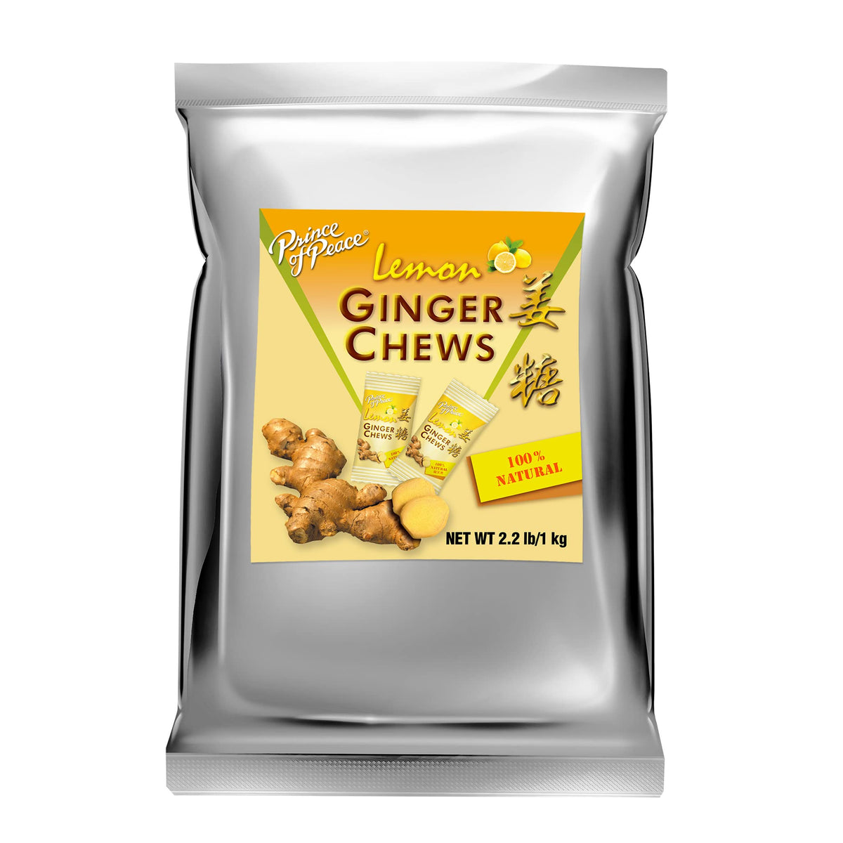 Prince Of Peace Ginger Chews Lemon bag shows convenient 2.2 lb pack for home or on-the-go.