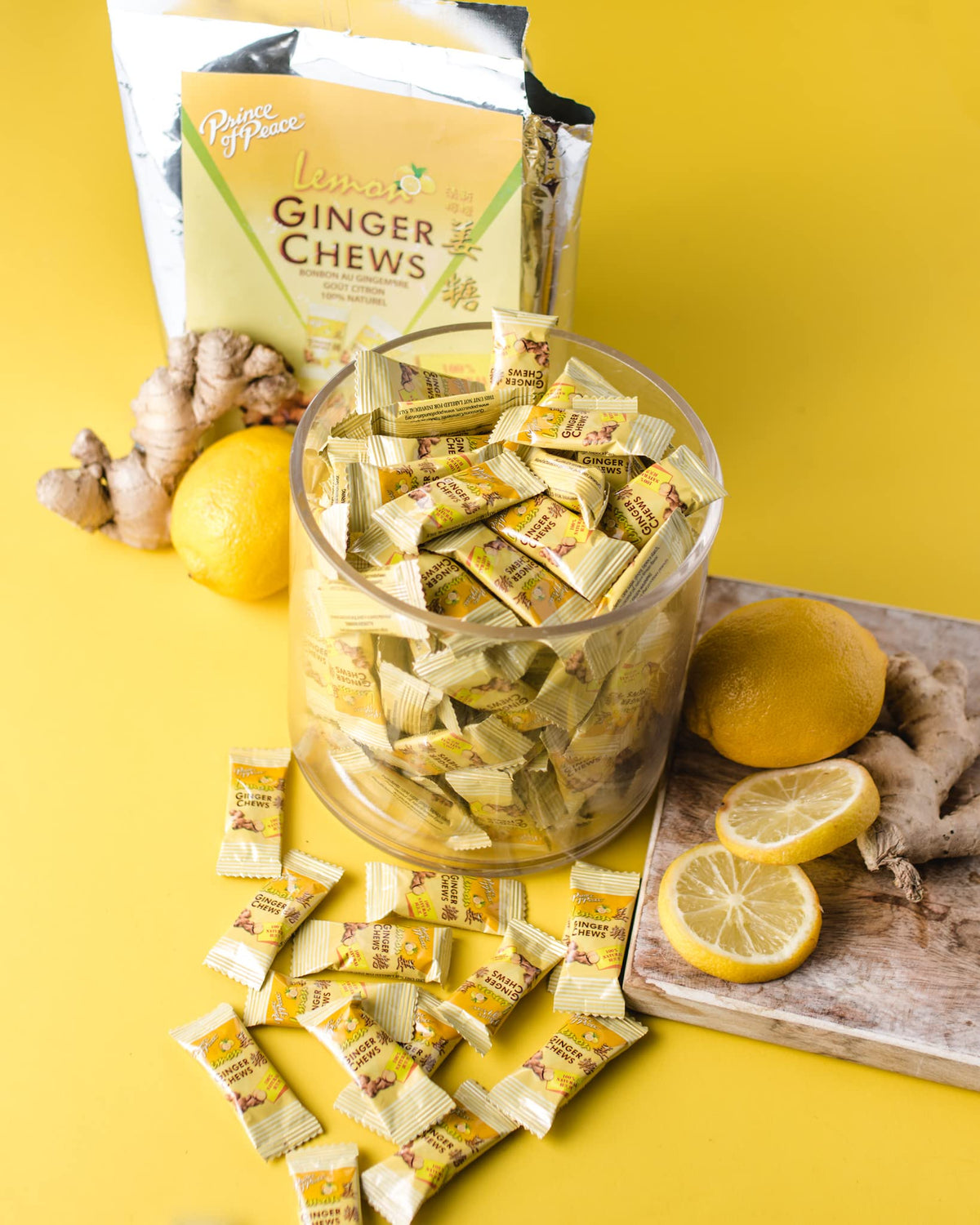 Close-up of Prince Of Peace Ginger Chews highlights soft, chewy texture.