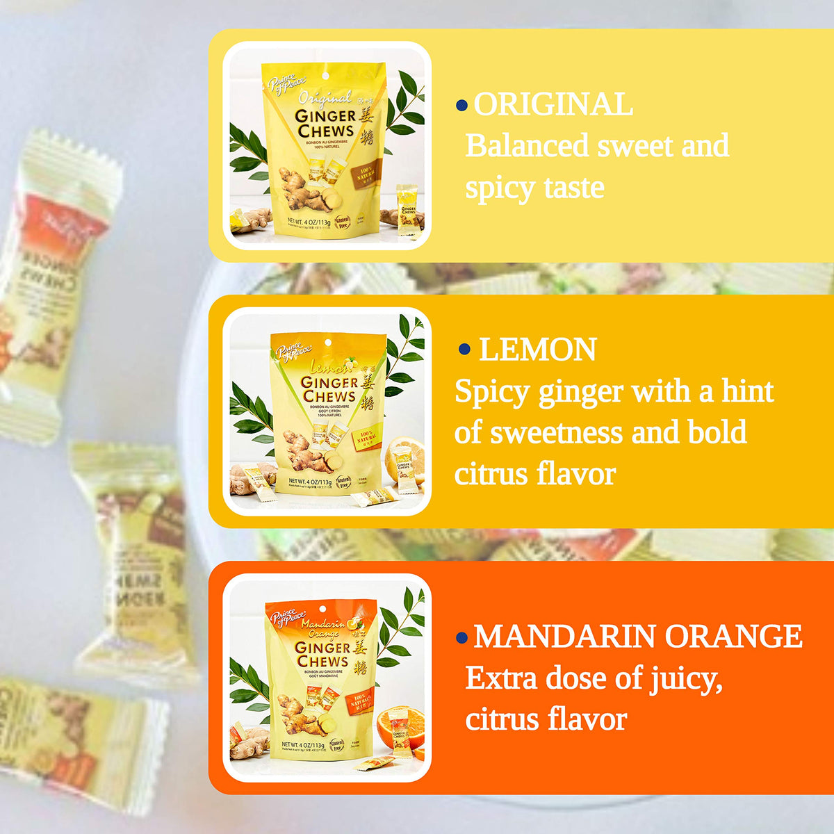 Prince Of Peace Ginger Chews Orange bundle for refreshing citrus bite.