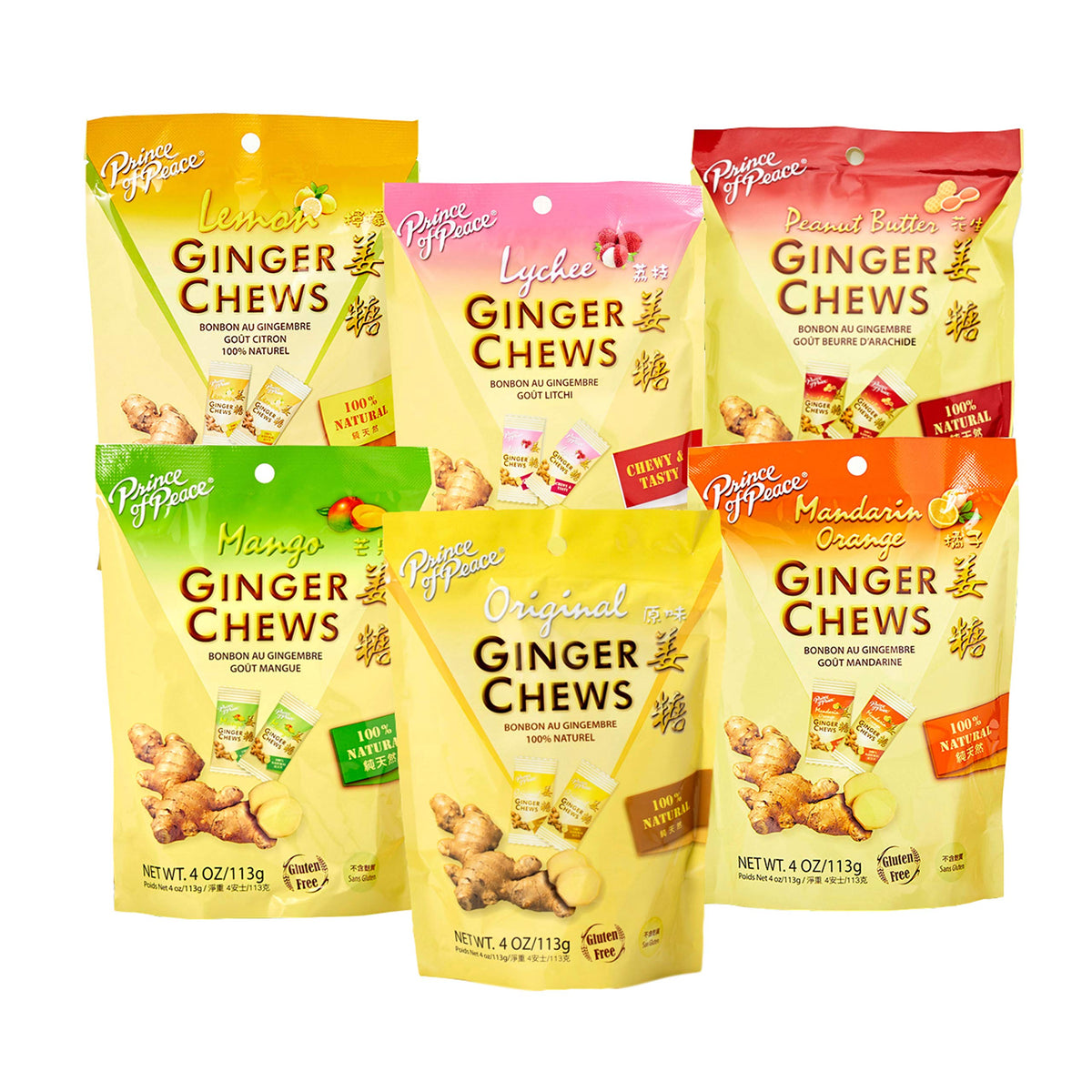Prince Of Peace Ginger Chews Original bundle with chewy bites and natural flavor.
