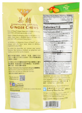 Prince Of Peace ginger chews with mango ingredients closeup highlights mango flavor and ginger balance
