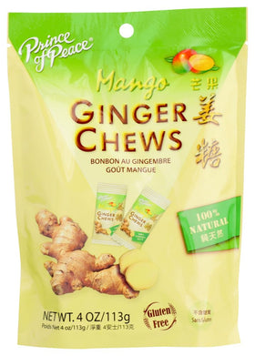 Prince Of Peace ginger chews with mango pack shot for a convenient five pack on the go