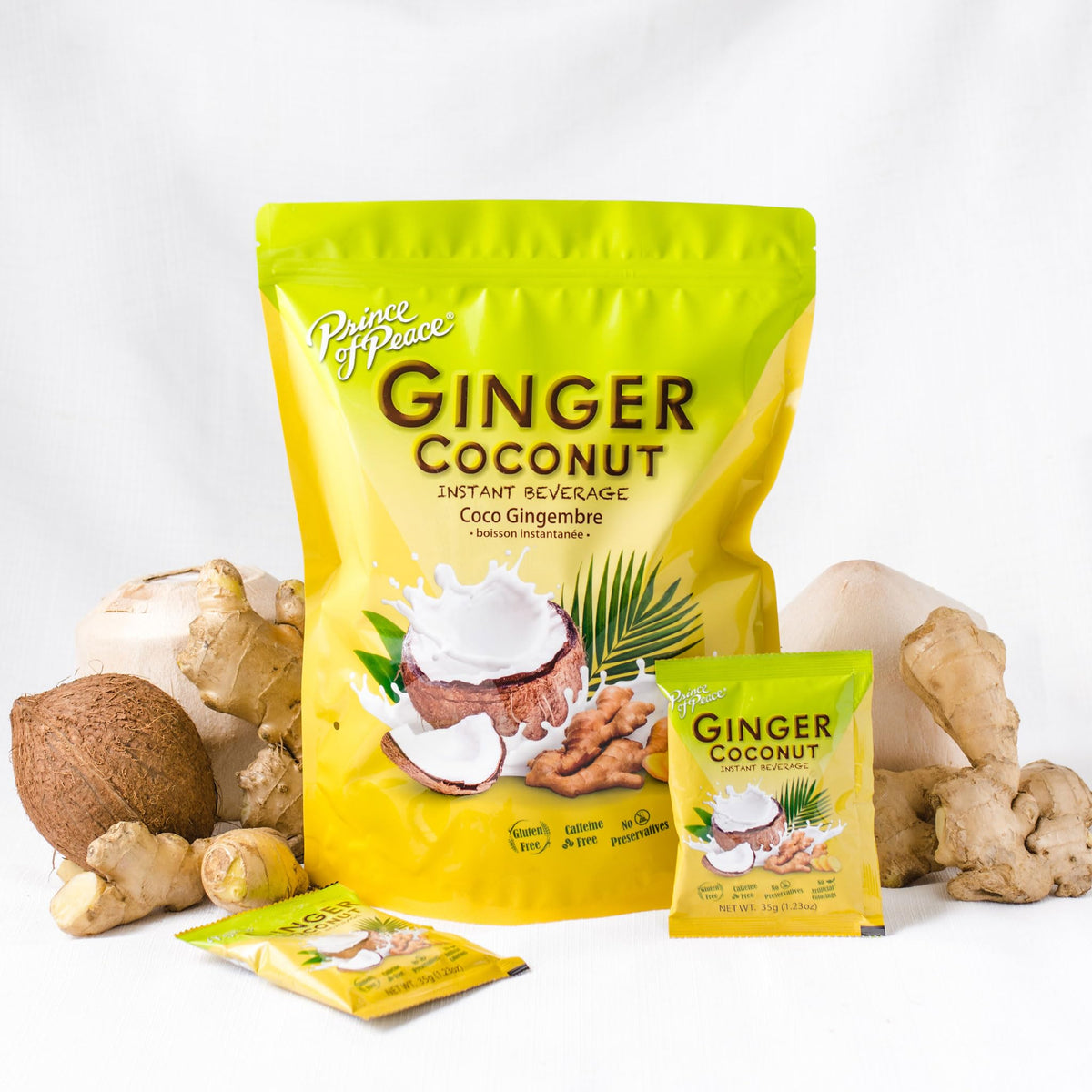 Ingredients panel of Prince Of Peace Ginger Coconut showing real coconut and fresh ginger.