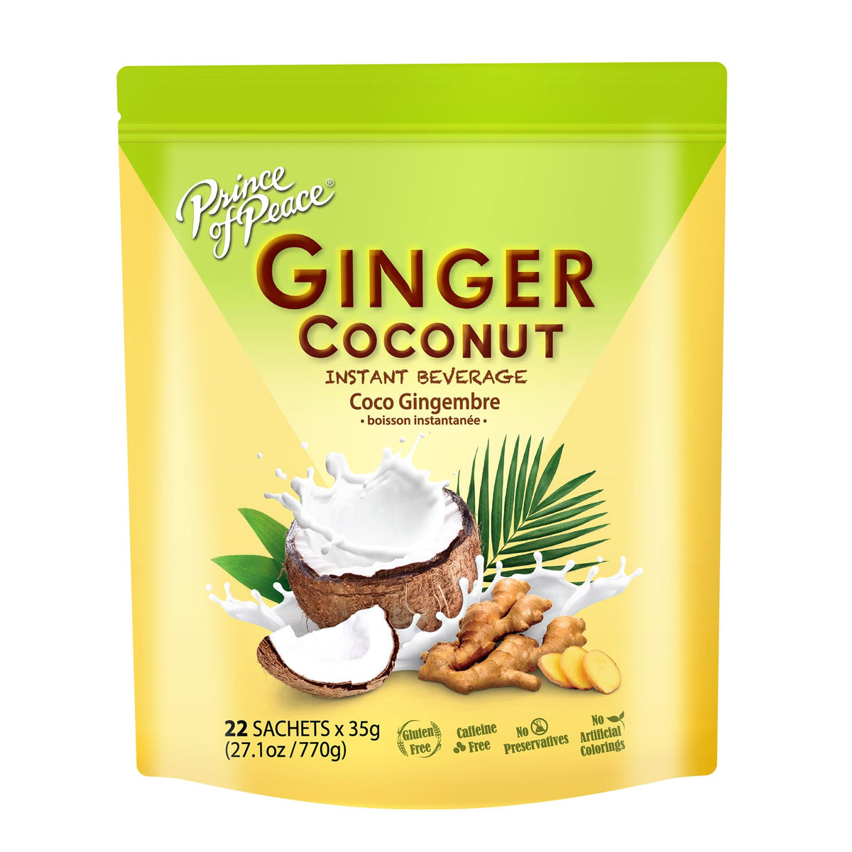 Prince Of Peace Ginger Coconut sachets on box for quick single-serve refreshment.
