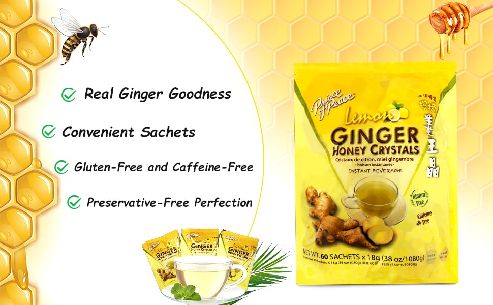 Box of Prince Of Peace ginger honey crystals with lemon, 60 sachets for daily use.