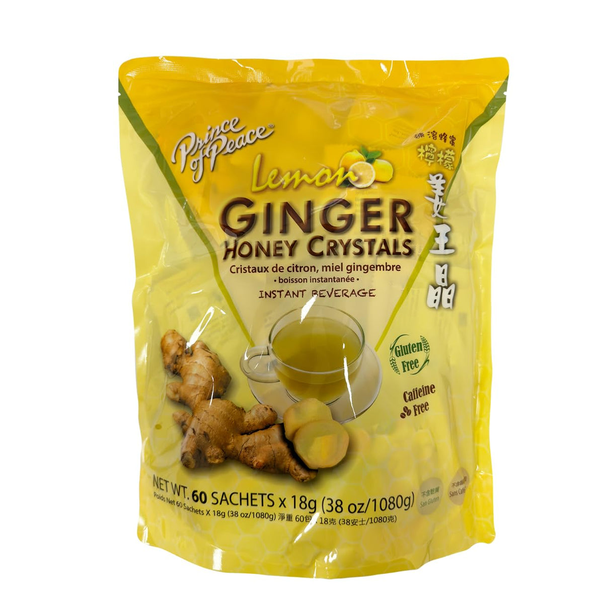 Prince Of Peace ginger honey crystals lemon sachet ready to dissolve for warm tea.