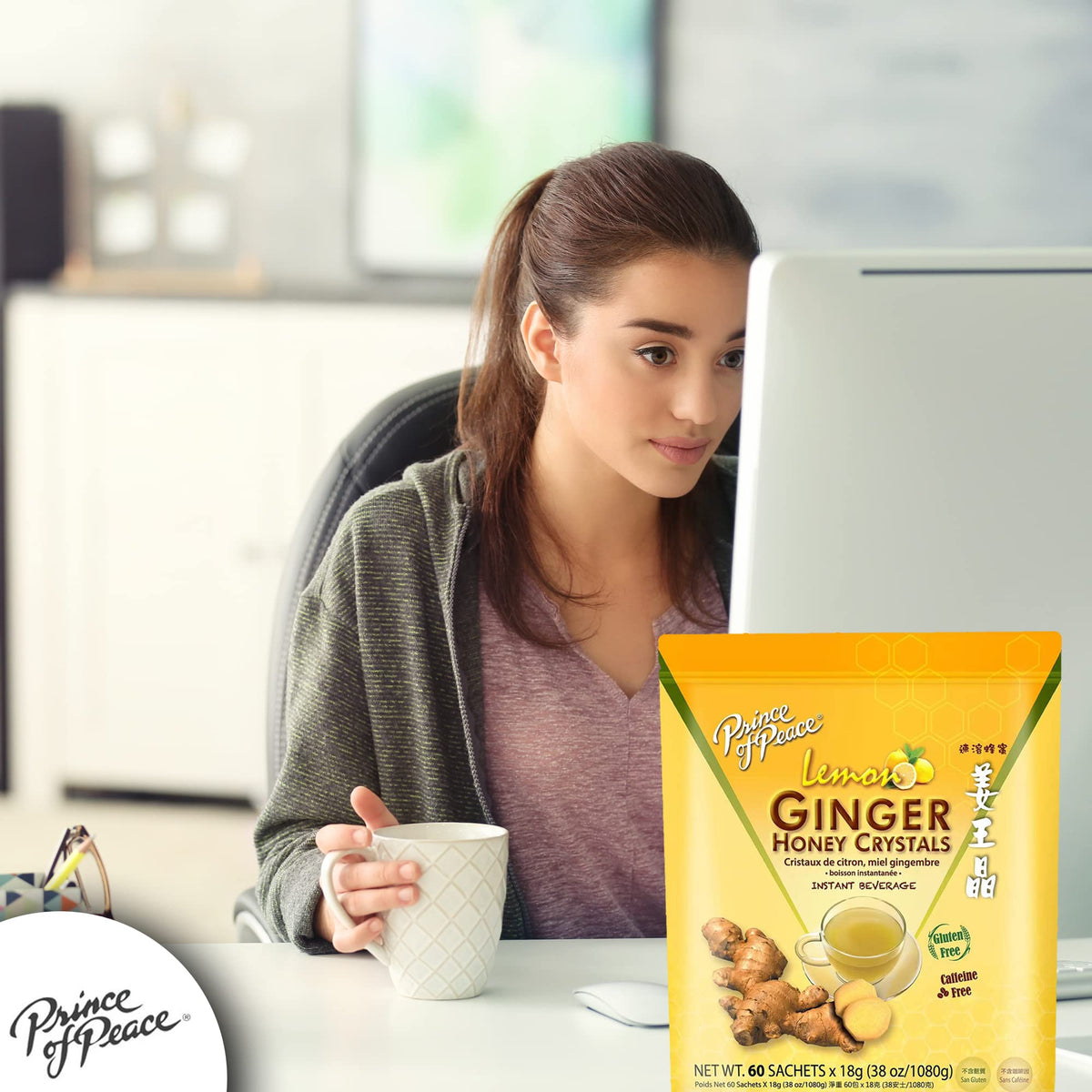 Steaming cup shows a warm, inviting ginger honey lemon moment with Prince Of Peace.