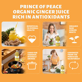Prince Of Peace Ginger Organic Ginger Juice being poured into a glass, ready to sip.