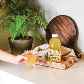 Prince of Peace USA-made label on ginger juice highlighting non-concentrate processing.