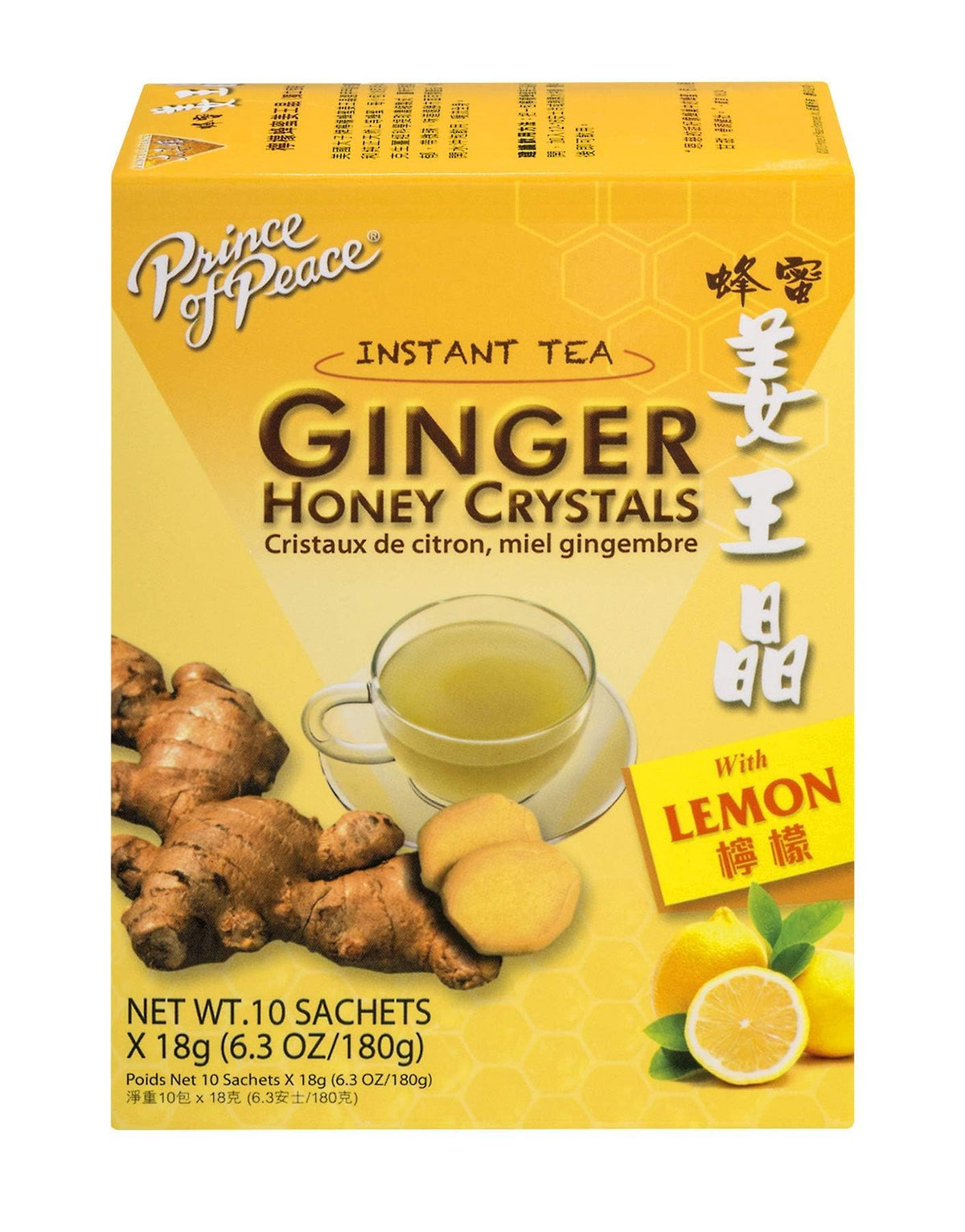 Prince of Peace Ginger & Lemon Honey Crystals being stirred into hot water for a cozy tea.