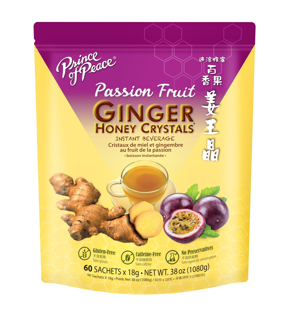 Prince of Peace instant ginger honey crystal, passion fruit pack image, soothes throat for hot or iced drinks.