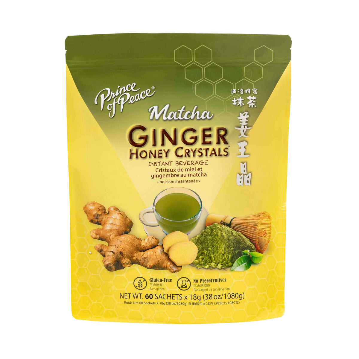 Prince Of Peace Instant Ginger Honey Crystals with Matcha bag for a warm, soothing cup