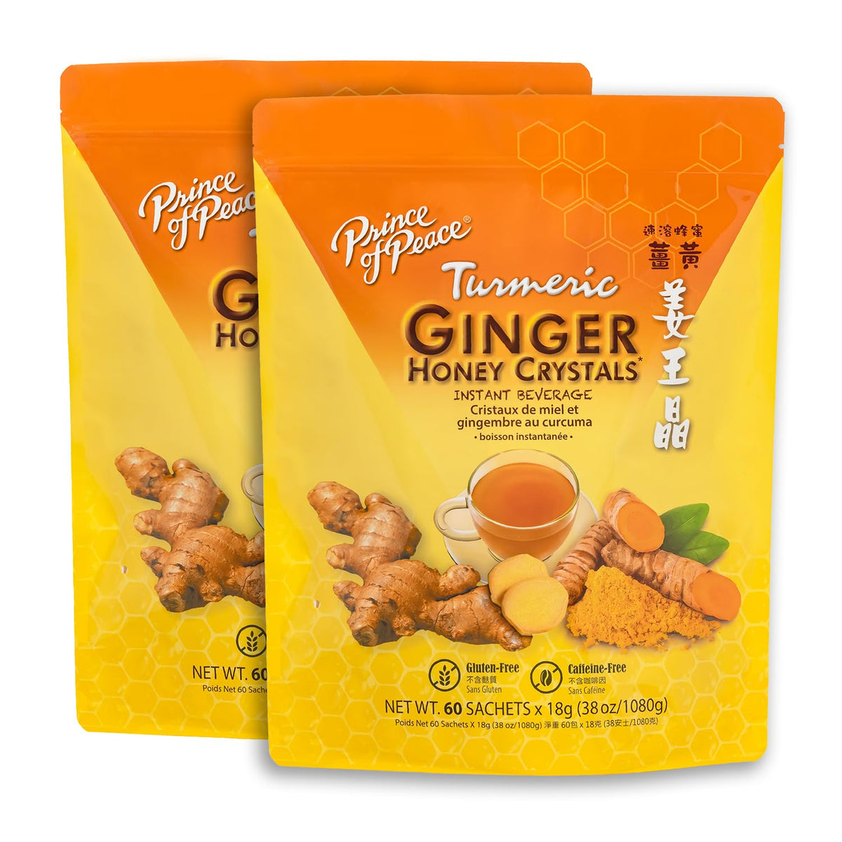 Prince of Peace instant ginger honey crystals with turmeric sachets ready to brew hot or cold