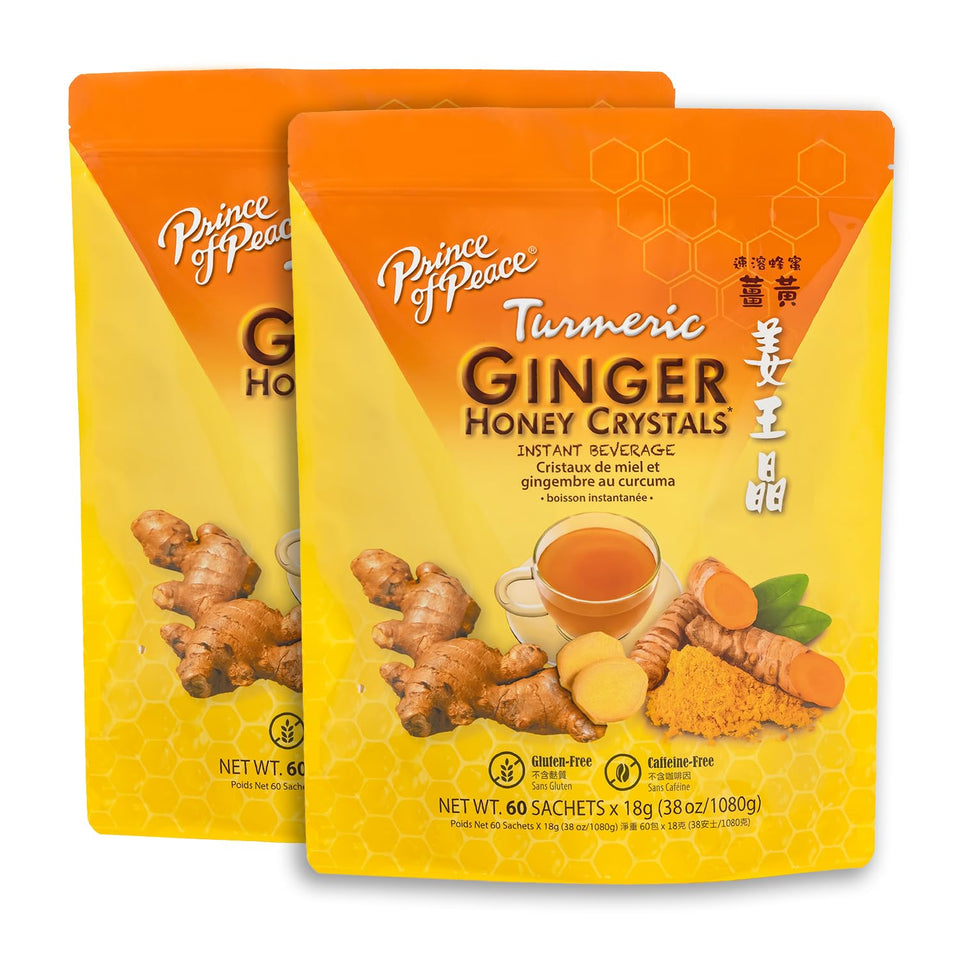 Prince of Peace instant ginger honey crystals with turmeric sachets ready to brew hot or cold