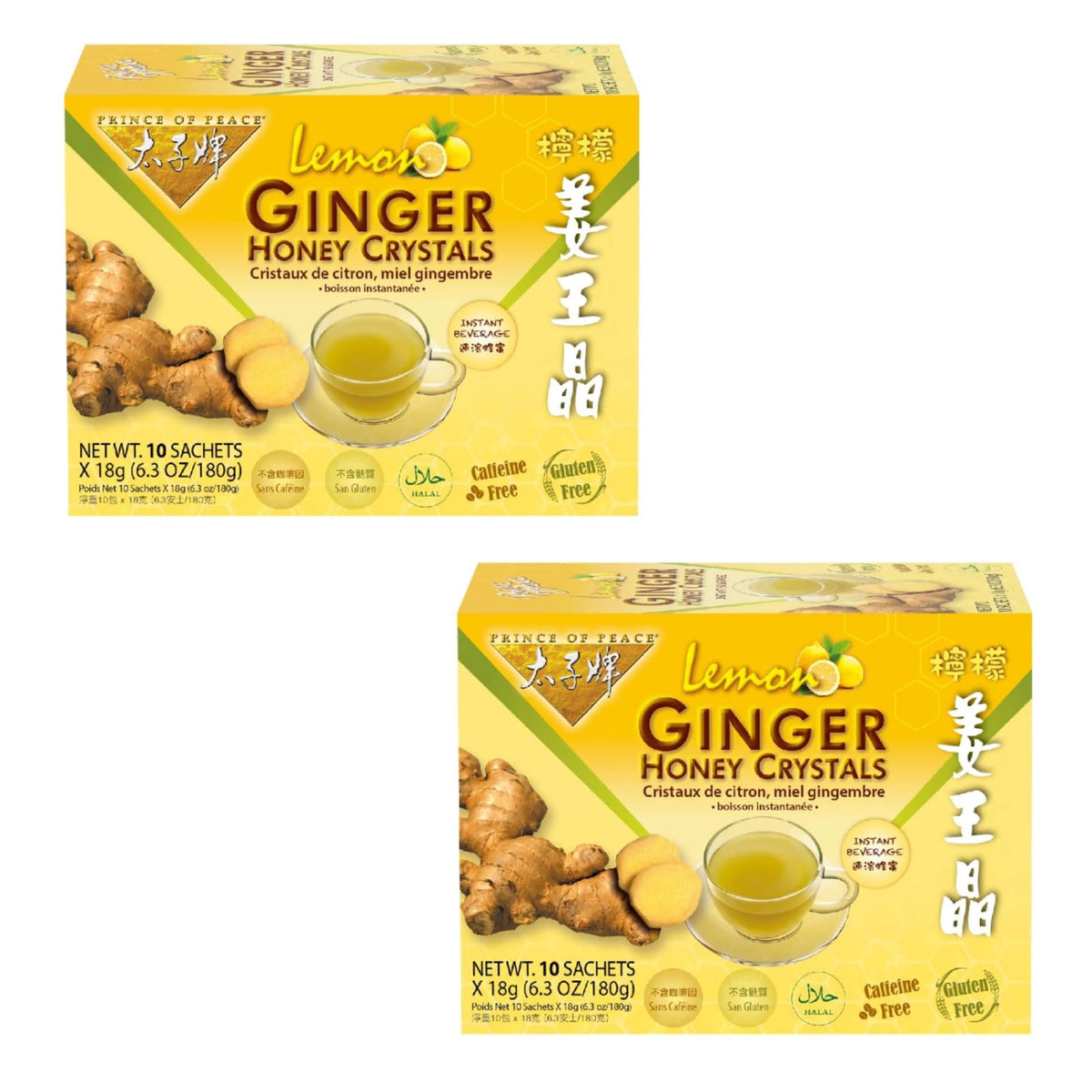 Prince of Peace Lemon Ginger Honey Crystals sachet closeup with natural ingredients.