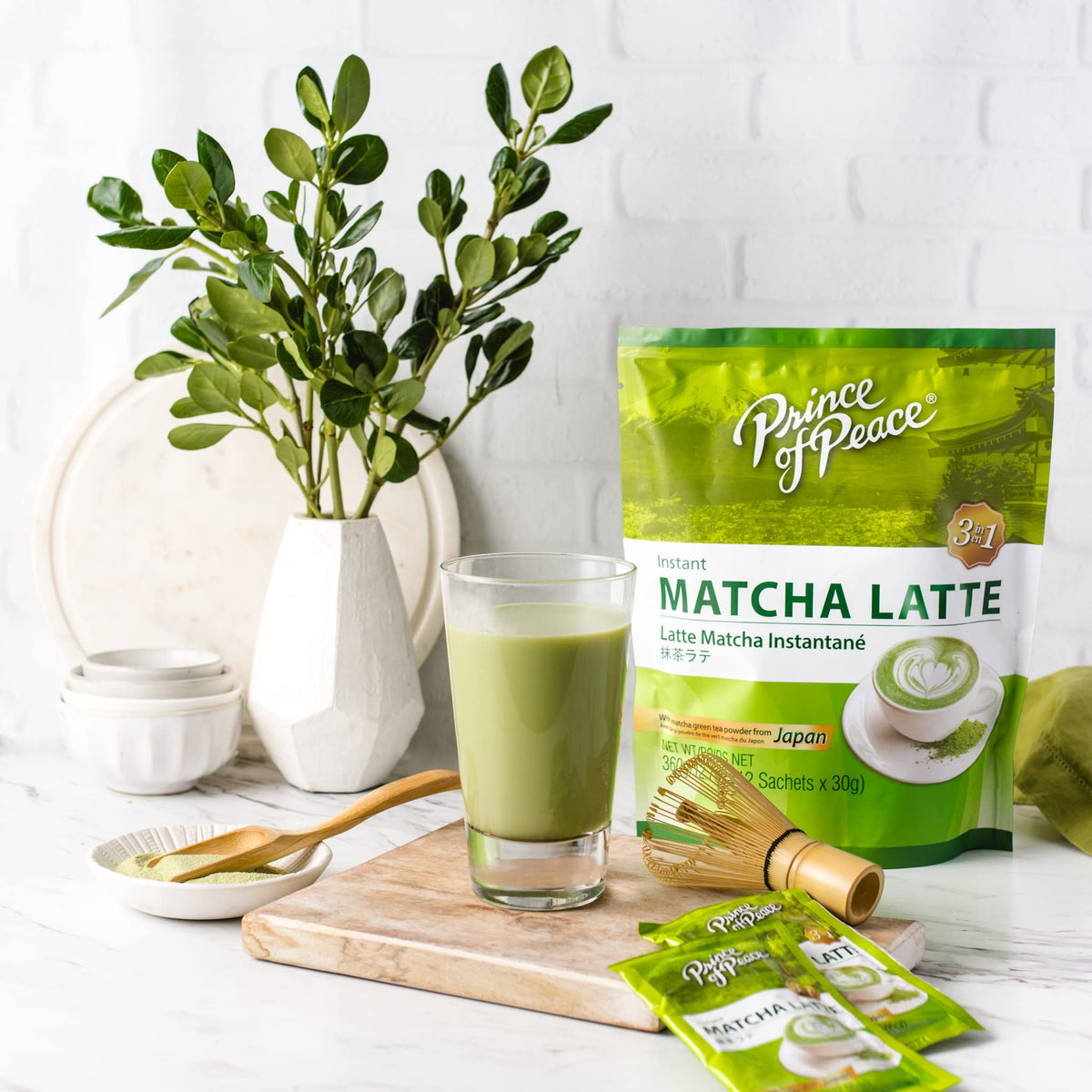 Prince Of Peace Matcha Latte iced beverage served over ice, refreshing