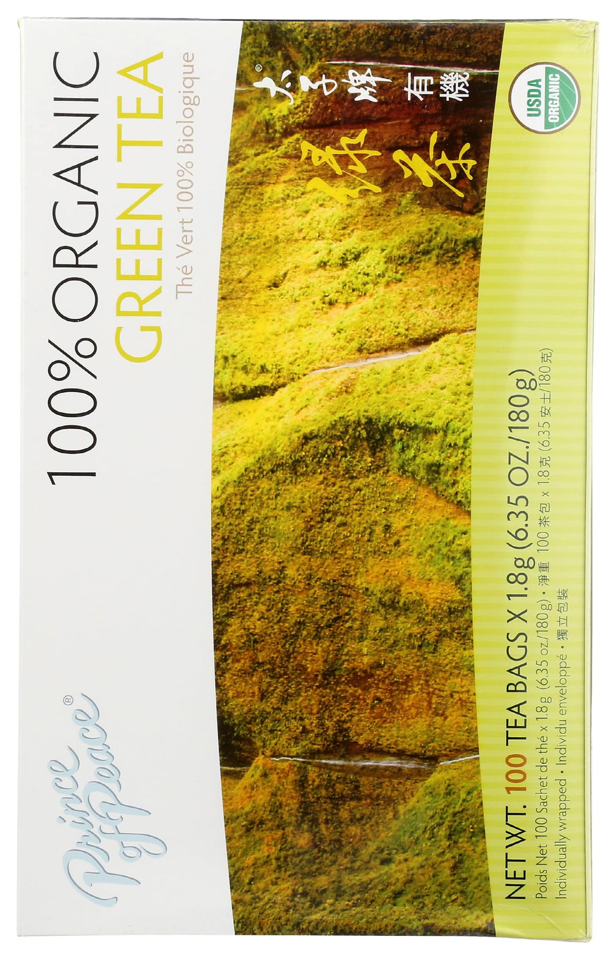 Prince Of Peace Organic Green Tea box back showing ingredients and brewing tips.