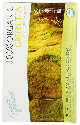 Prince Of Peace Organic Green Tea box back showing ingredients and brewing tips.