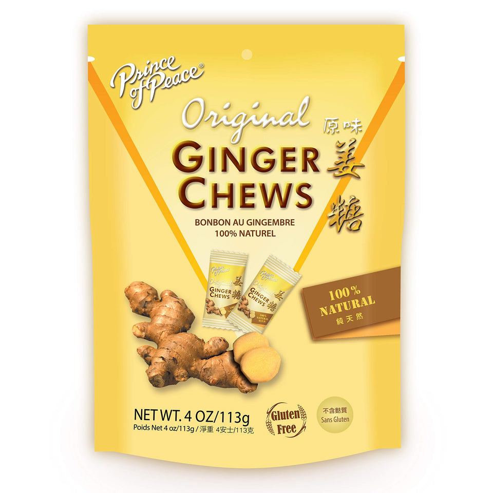 Prince of Peace Original Ginger Chews pack front for on-the-go snacking with real ginger.