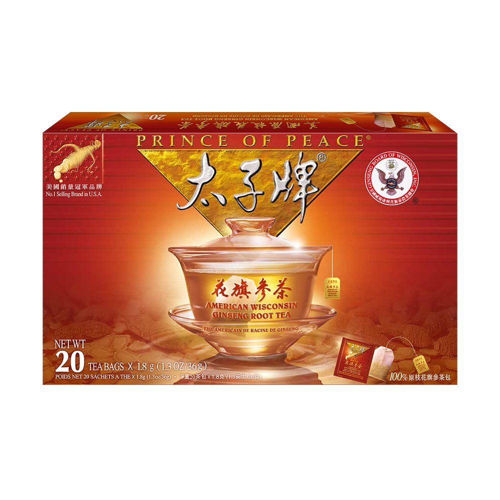 Prince Of Peace Wisconsin ginseng tea box with 20 sachets, ideal for a comforting daily ritual.