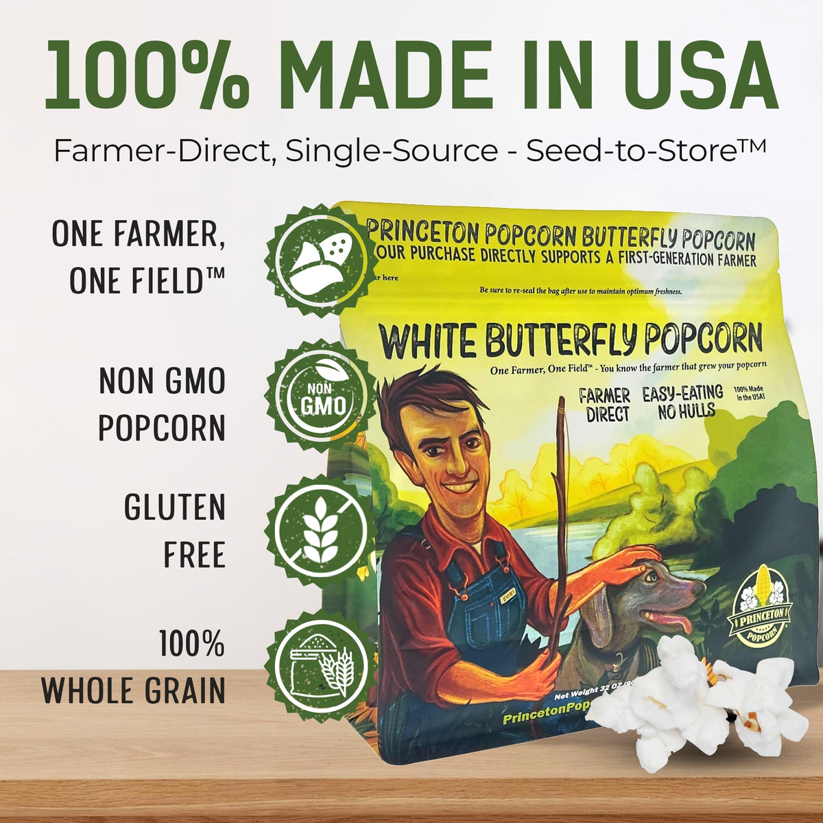 Princeton Popcorn 2lb bag packaging highlights freshness and convenience.
