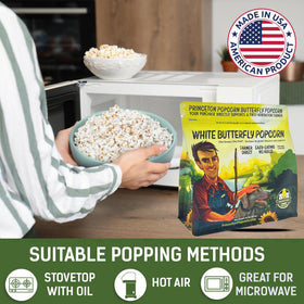Princeton Popcorn baby white hulless kernels texture close-up for easy popping.