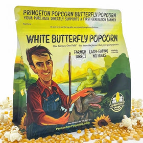 Princeton Popcorn Farmer Direct baby white kernels close-up for fresh popping.