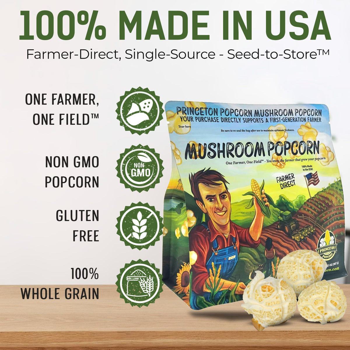 Princeton Popcorn mushroom kernels bag-back label highlights farmer direct sourcing