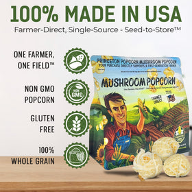Princeton Popcorn mushroom kernels bag-back label highlights farmer direct sourcing