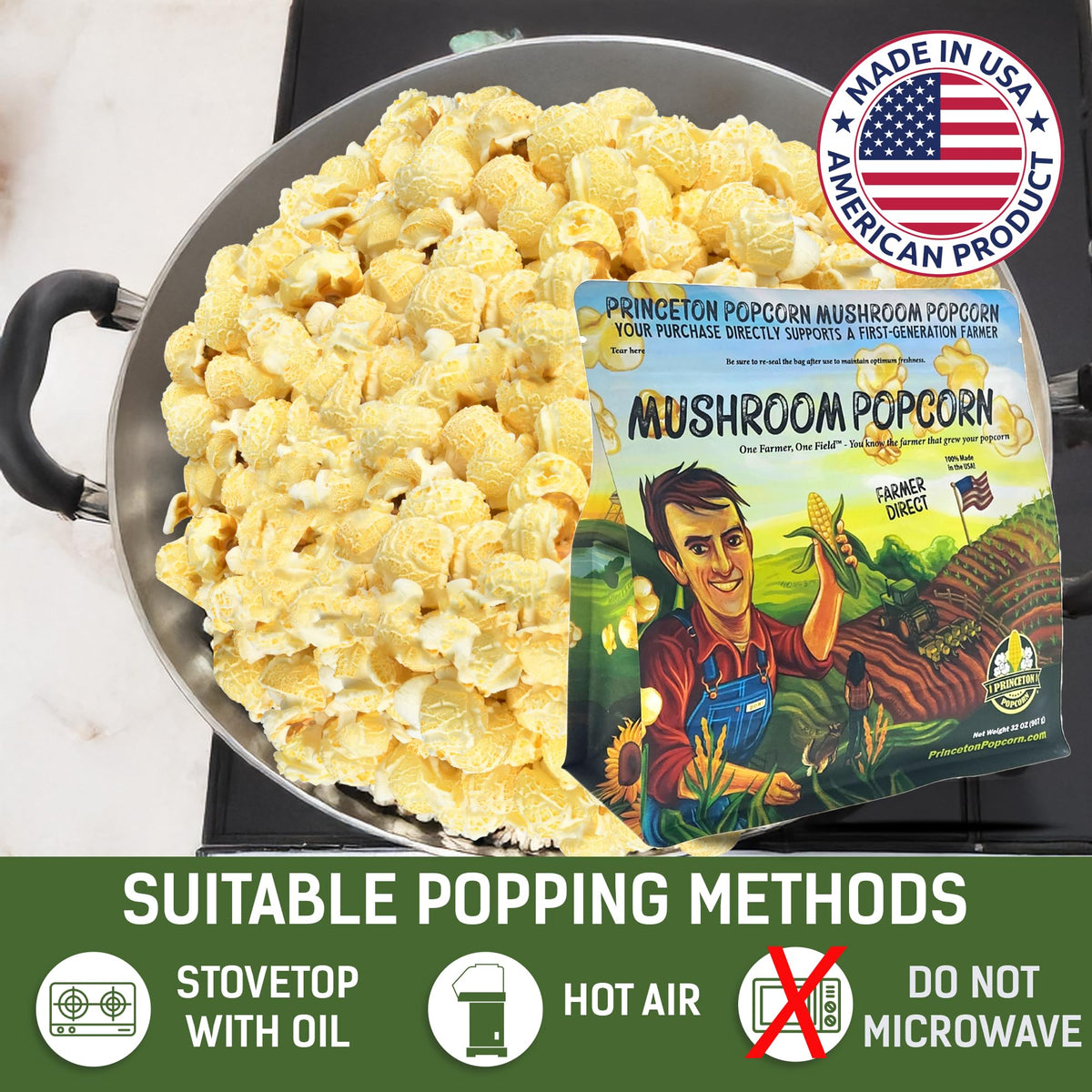 Princeton Popcorn mushroom kernels measuring cup scene, ready to pop