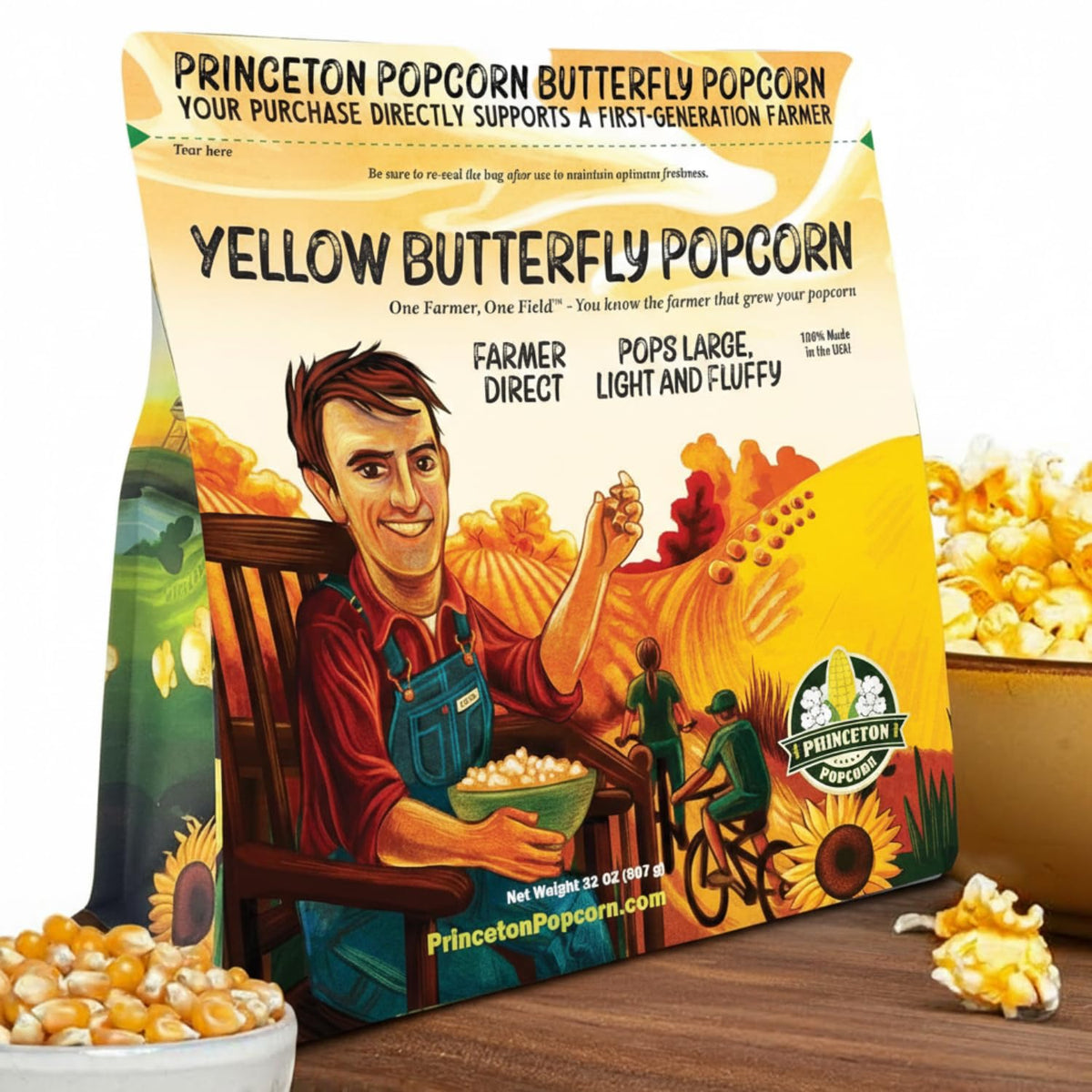 Princeton Popcorn Yellow Butterfly kernels in a 2lb bag for quick movie-night snacking