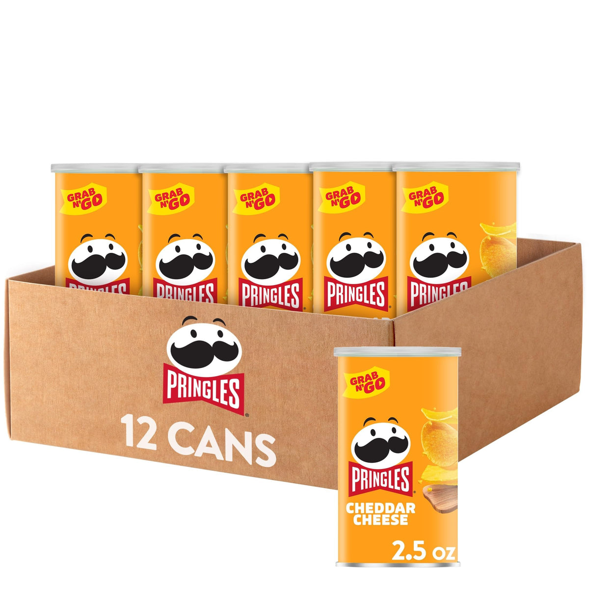 Pringles Cheddar Cheese crisps can close-up, perfectly crisp for on-the-go snacking.
