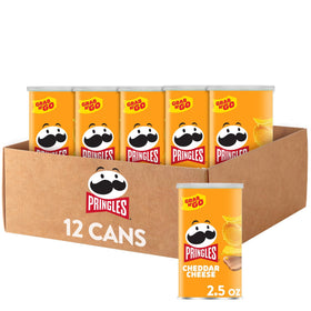 Pringles Cheddar Cheese crisps can close-up, perfectly crisp for on-the-go snacking.