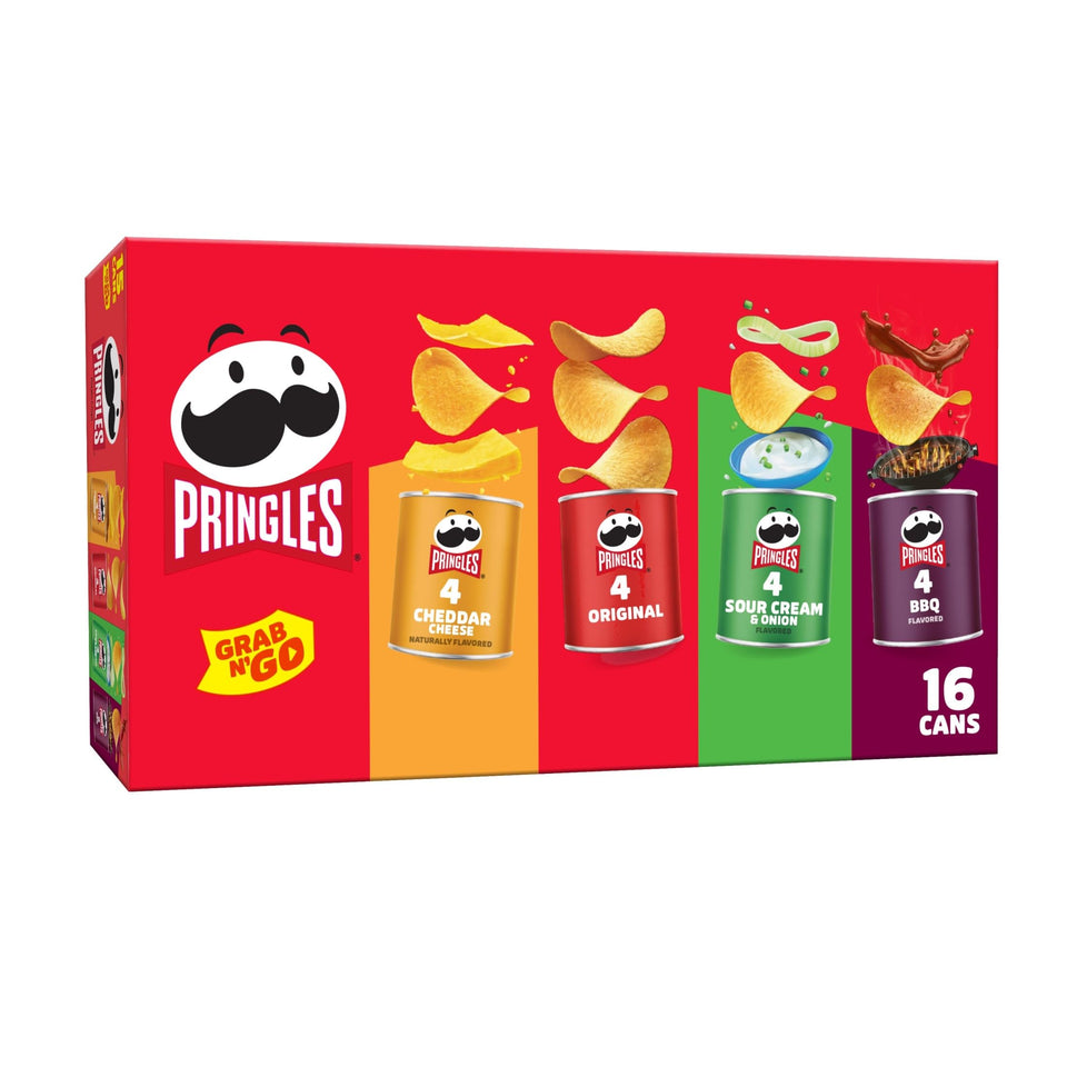 Pringles Grab N' Go variety pack of 16 cans for easy on-the-go snacking.