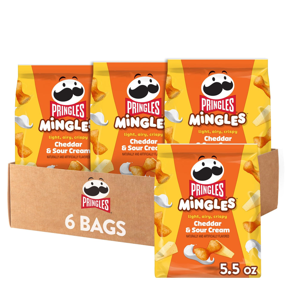 Pringles Mingles cheddar and sour cream bowtie close-up highlights crispy, airy texture.