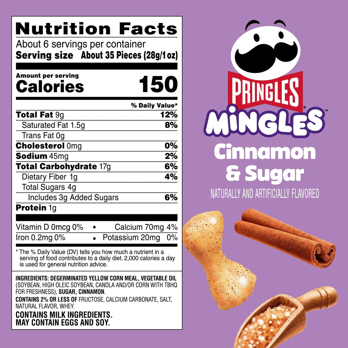 Pringles Mingles Cinnamon Sugar 6ct pack side view, convenient on-the-go treat
