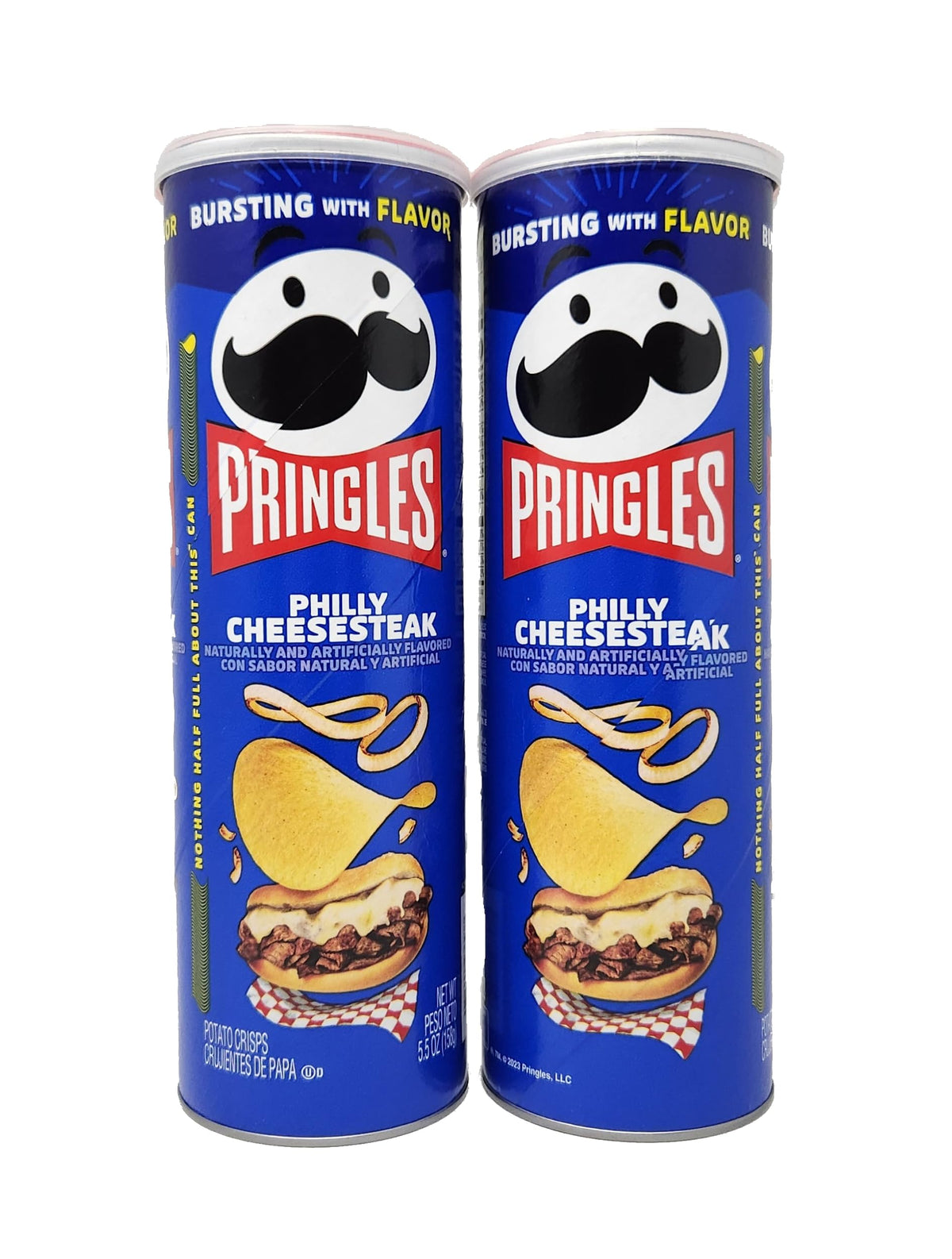 Pringles Philly Cheesesteak chips in a two-pack can, ideal for quick snacking.
