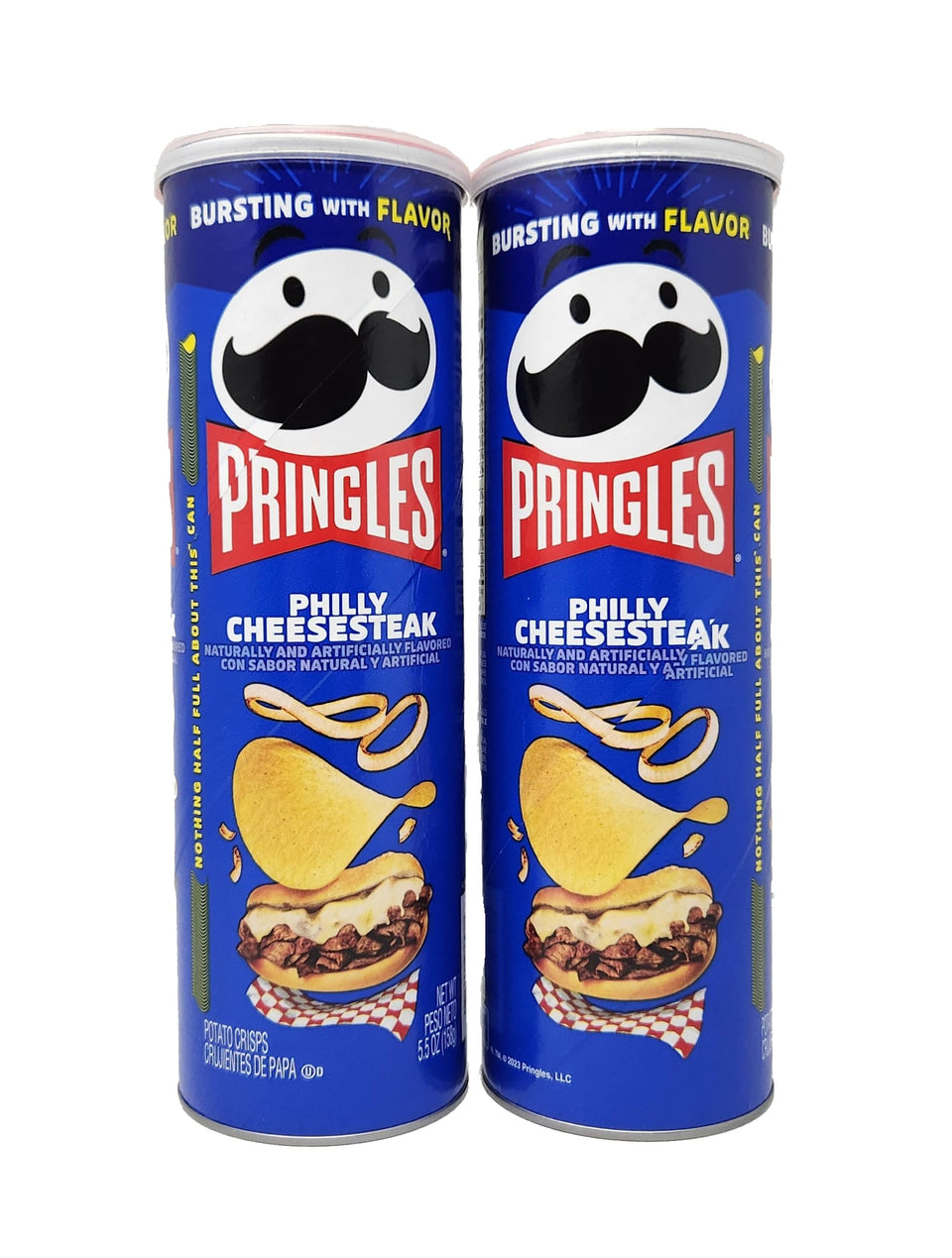 Pringles Philly Cheesesteak chips in a two-pack can, ideal for quick snacking.