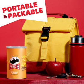 Pringles snack time desk setup with convenient single-serve cans