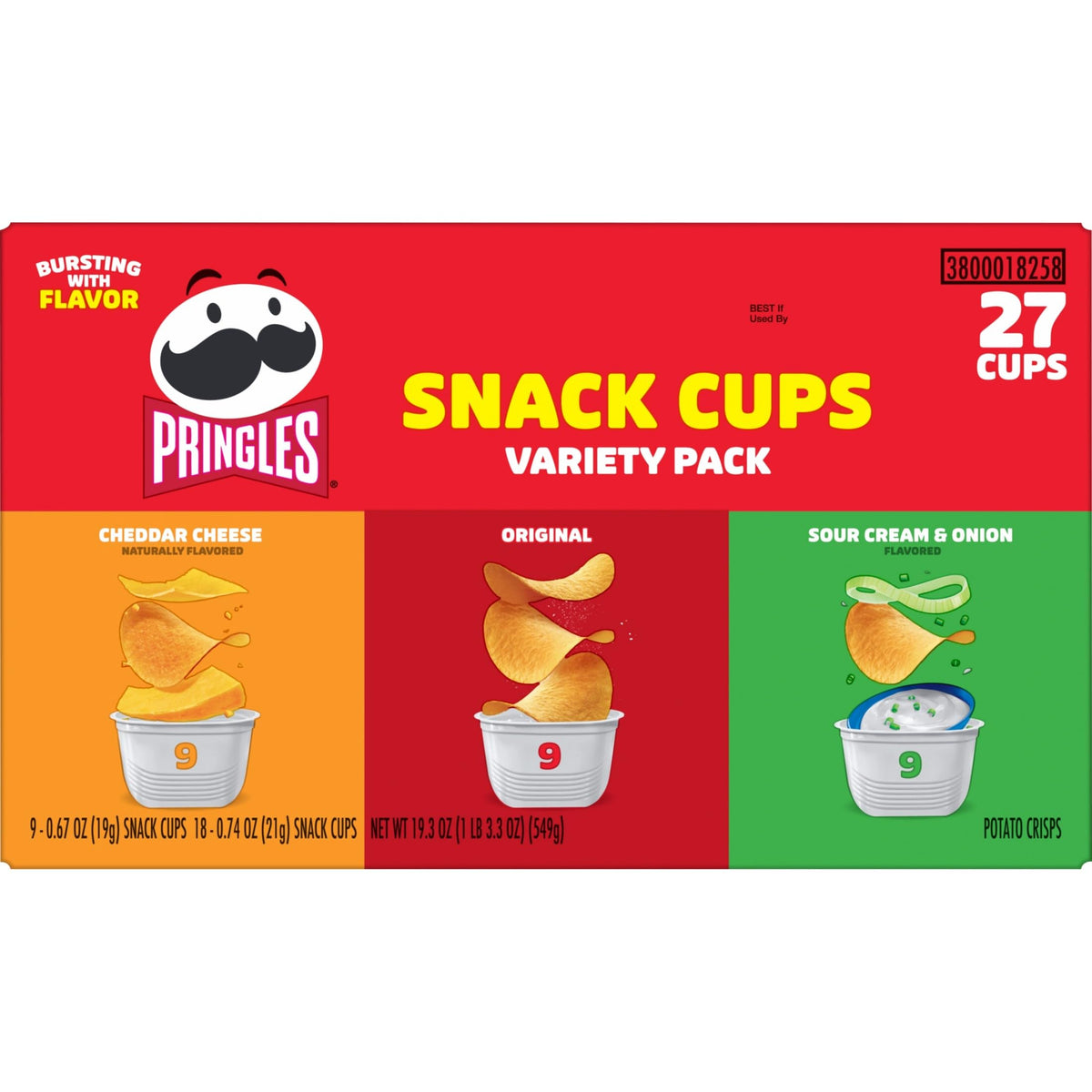 Sour Cream and Onion Pringles cup close-up, tangy flavor burst.